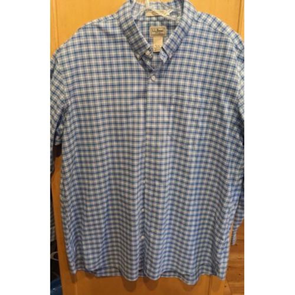 LL Bean Men's XL Reg Button Down Long Sleeve Shirt Blue Plaid 100% Cotton
